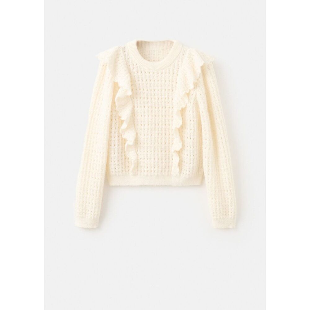 MANGO - Openwork knitted sweater with ruffles ecru - XS - Woman